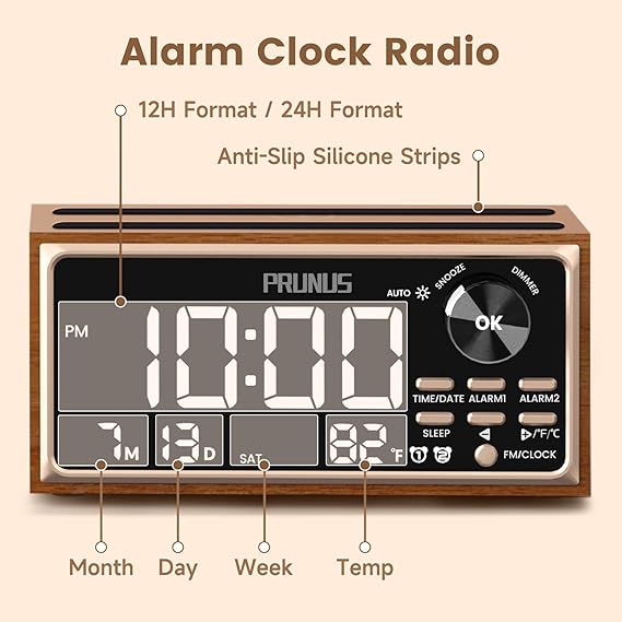 Retro Vintage Dual Alarm Clock Radio FM 15W Fast Wireless Charging LED Display Dimmer Control Auto-Dimming Retro Clock Bedroom