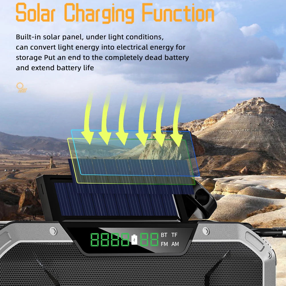 10000mAh Outdoor Solar Radio with Speaker Solar/Hand Crank Charging with Flashlight SOS Alarm Headphone Jack for Outdoor Camping